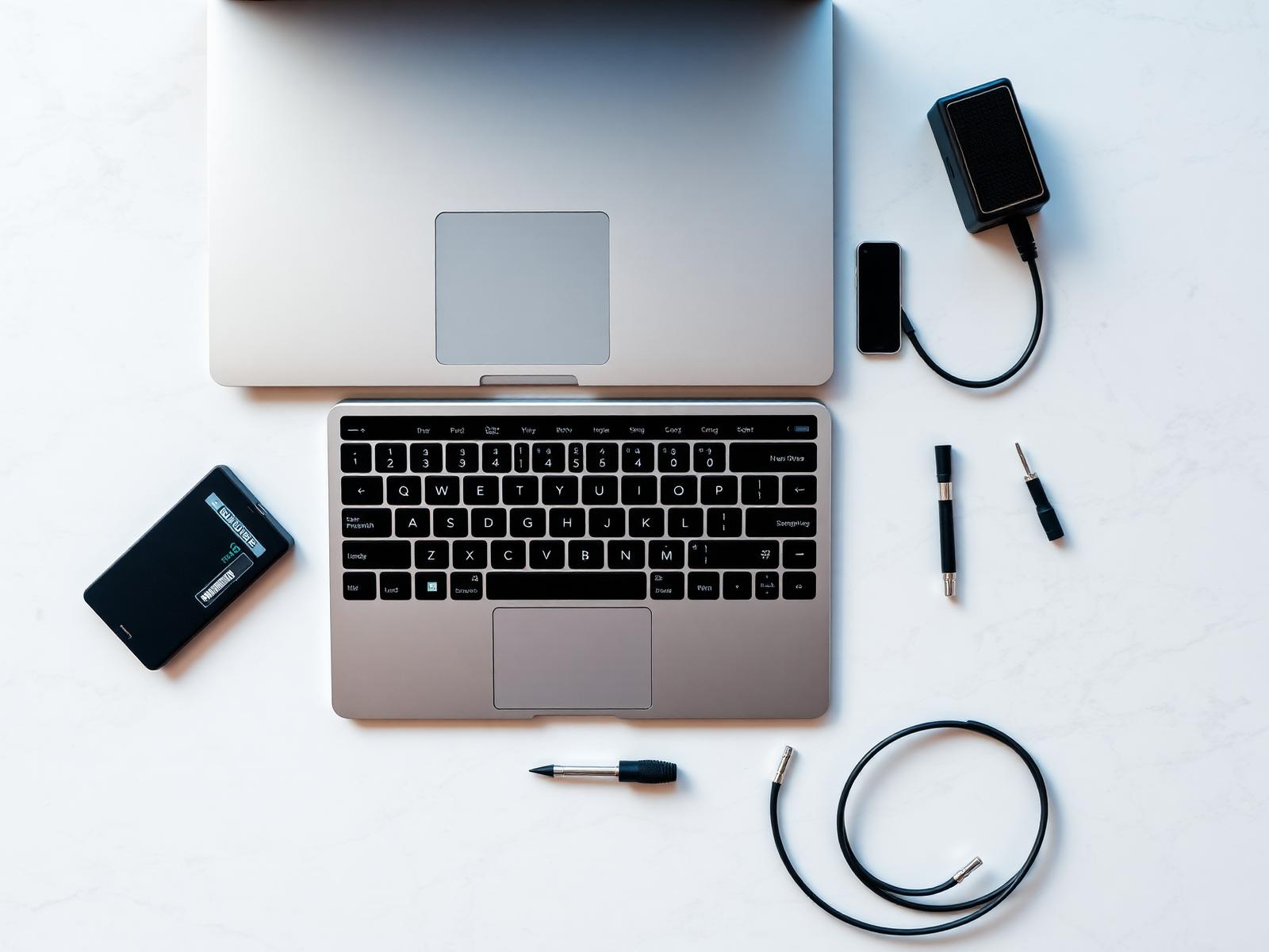 Postazione di lavoro professionale con notebook e strumenti